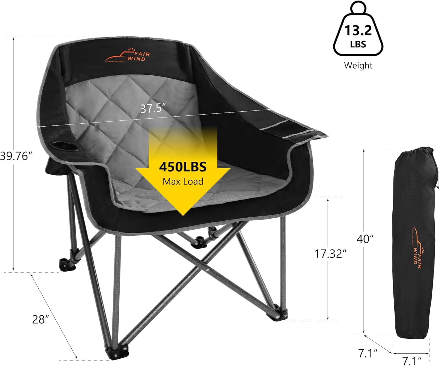 FAIR WIND Oversized Padded Camping Chair Heavy Duty Quad Fold Arm Chair Portable for Outdoor - Support 450LBS, Black - Image 3