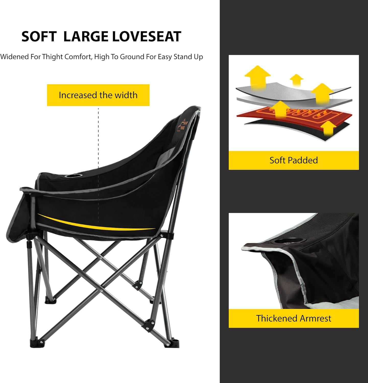 FAIR WIND Oversized Padded Camping Chair Heavy Duty Quad Fold Arm Chair Portable for Outdoor - Support 450LBS, Black - Image 4