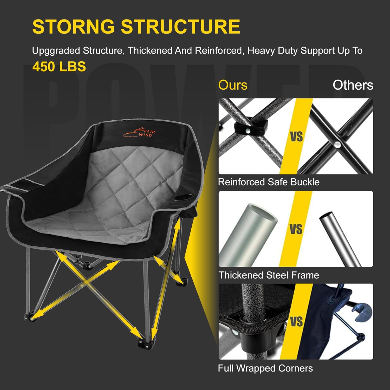 FAIR WIND Oversized Padded Camping Chair Heavy Duty Quad Fold Arm Chair Portable for Outdoor - Support 450LBS, Black - Image 6