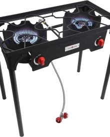 Gas One Propane Double Burner Two Burner Camp Stove Outdoor High Pressure Propane 2 Burner Adjustable PSI Regulator and 4ft Steel Braided Hose With Removable Legs