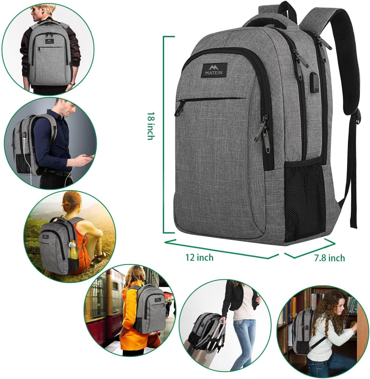 MATEIN Travel Laptop Backpack, Business Anti Theft Slim Sturdy Laptops Backpack with USB Charging Port, Water Resistant College School Computer Bag Gift for Men & Women Fits 15.6 Inch Notebook, Grey - Image 6