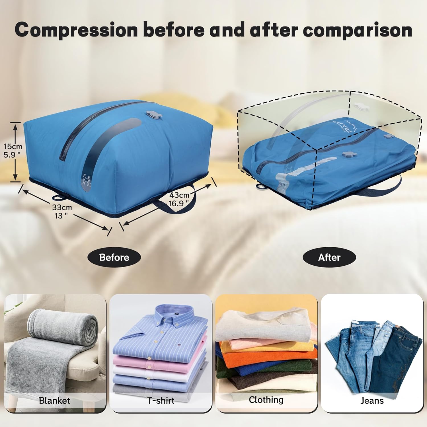 ONTYZZ Travel Vacuum Compression Bags Reusable Compression Bag with IP67 Waterproof Zipper Space Saver Vacuum Bags for Suitcase,Two Pack Blue - Image 2