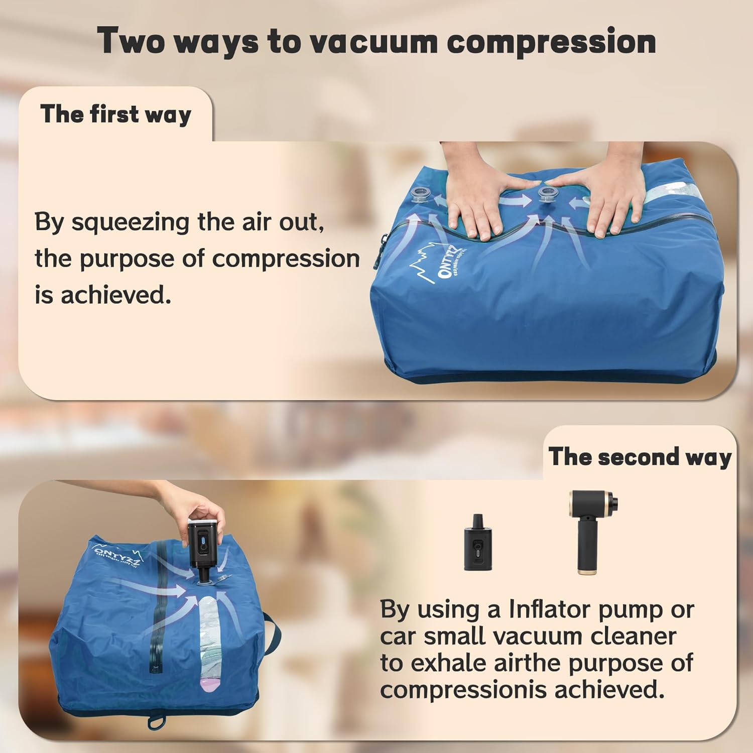 ONTYZZ Travel Vacuum Compression Bags Reusable Compression Bag with IP67 Waterproof Zipper Space Saver Vacuum Bags for Suitcase,Two Pack Blue - Image 3