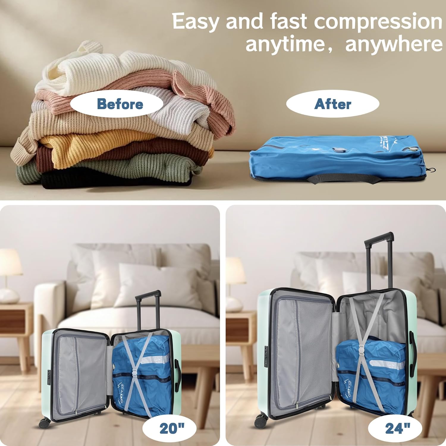ONTYZZ Travel Vacuum Compression Bags Reusable Compression Bag with IP67 Waterproof Zipper Space Saver Vacuum Bags for Suitcase,Two Pack Blue - Image 5
