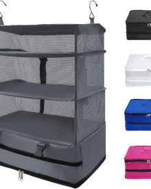 Twira Portable Hanging Travel Shelves, Suitcase Organizer, Packing Cubes for Travel, Carry-On Closet Insert, X-Large Capacity Travel Bags Collapsible 4-Shelf Travel Closet with 2 Hooks (Grey)
