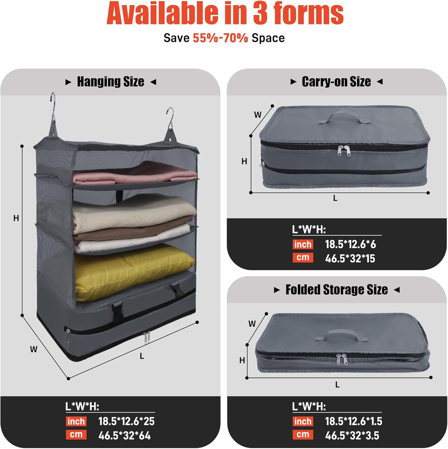 Twira Portable Hanging Travel Shelves, Suitcase Organizer, Packing Cubes for Travel, Carry-On Closet Insert, X-Large Capacity Travel Bags Collapsible 4-Shelf Travel Closet with 2 Hooks (Grey) - Image 2