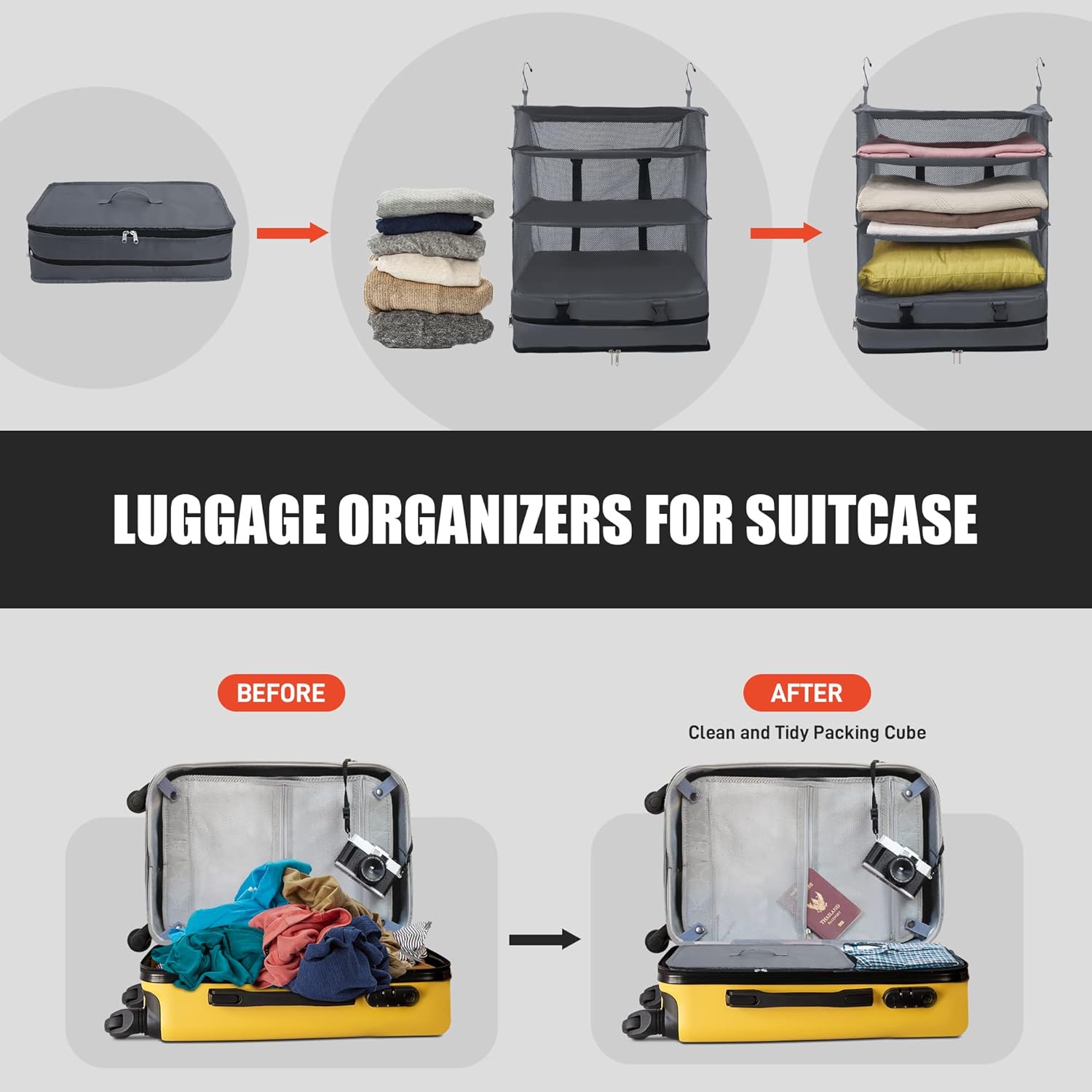 Twira Portable Hanging Travel Shelves, Suitcase Organizer, Packing Cubes for Travel, Carry-On Closet Insert, X-Large Capacity Travel Bags Collapsible 4-Shelf Travel Closet with 2 Hooks (Grey) - Image 3