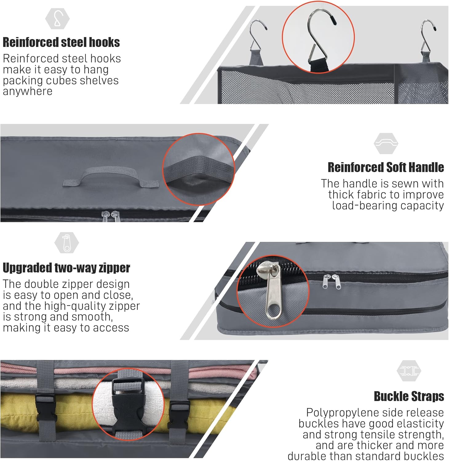 Twira Portable Hanging Travel Shelves, Suitcase Organizer, Packing Cubes for Travel, Carry-On Closet Insert, X-Large Capacity Travel Bags Collapsible 4-Shelf Travel Closet with 2 Hooks (Grey) - Image 4