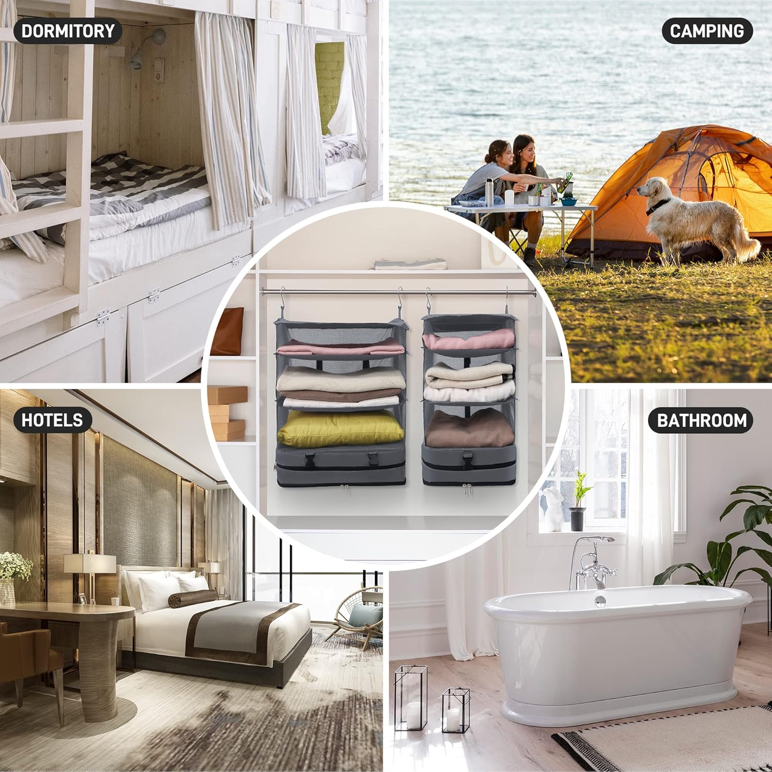 Twira Portable Hanging Travel Shelves, Suitcase Organizer, Packing Cubes for Travel, Carry-On Closet Insert, X-Large Capacity Travel Bags Collapsible 4-Shelf Travel Closet with 2 Hooks (Grey) - Image 6